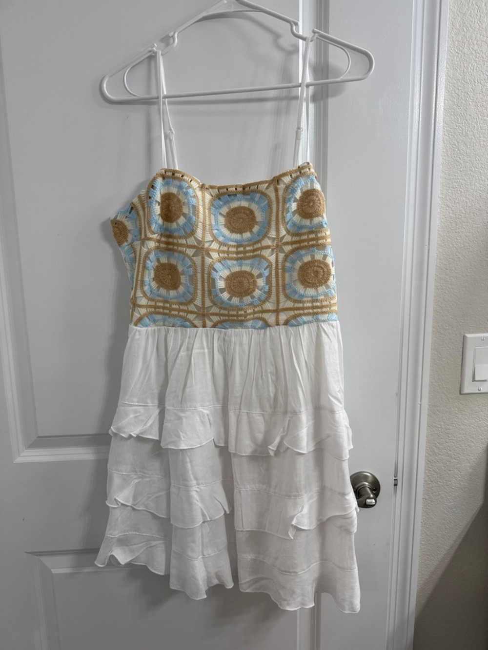 Francesca's Collections White Tiered Mini Dress with Blue and Tan Crochet Bodice